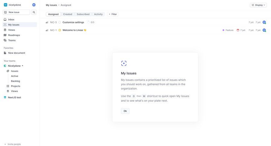 Linear
			 task management modal screen sidebar navigation project management onboarding issue tracking document list sidebar keyboard shortcuts ui page example