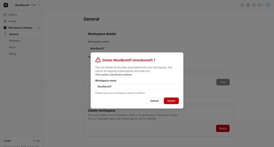 Chatbase
			 workspace settings account deletion ui page example