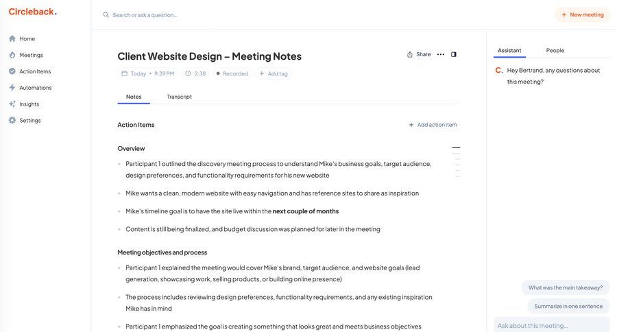 Circleback
			 collaboration sidebar meeting transcript ui page example