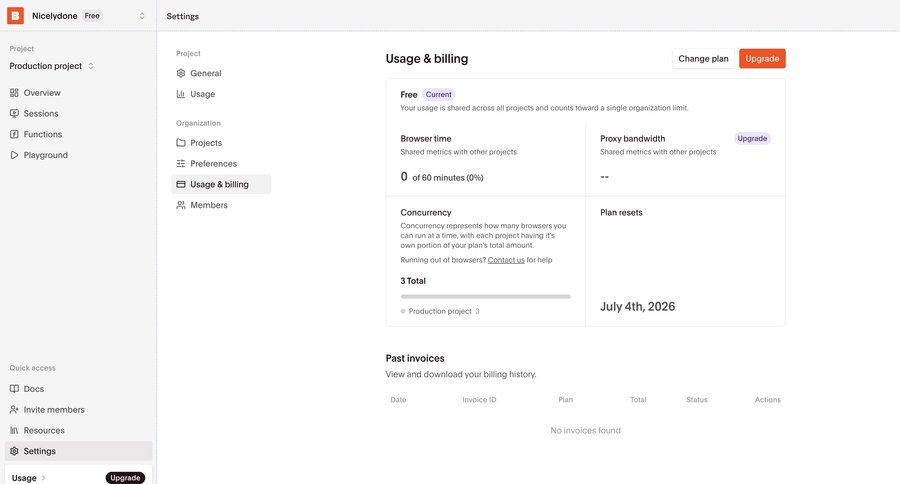 Browserbase
			settings upgrade your account billing account settings billing settings subscription management ui page example
