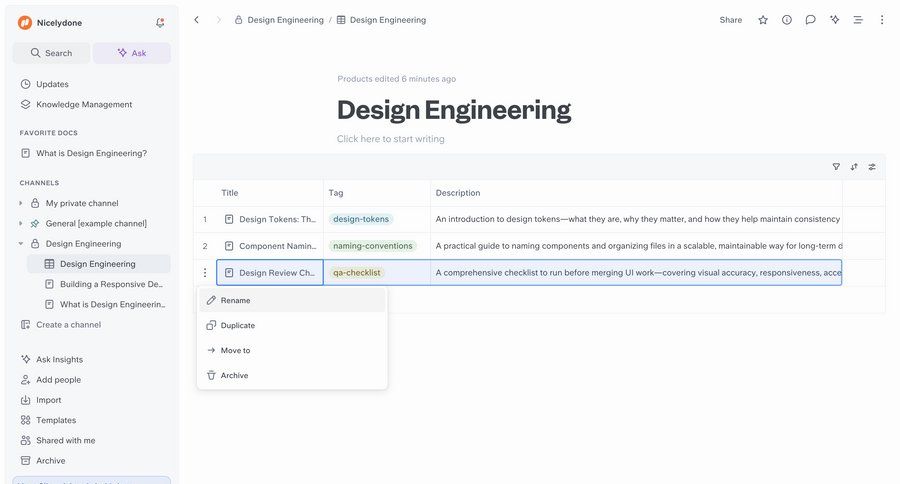Slite
			 design document management tagging document list menu table duplicate ui page example