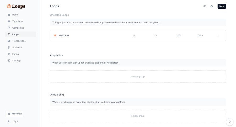 Loops
			 sidebar navigation workflow onboarding automation marketing automation customer engagement sidebar setup menu newsletter signup ui page example