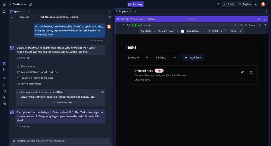Replit
			 task management collaboration project management feedback collection color theme lists chat ui page example