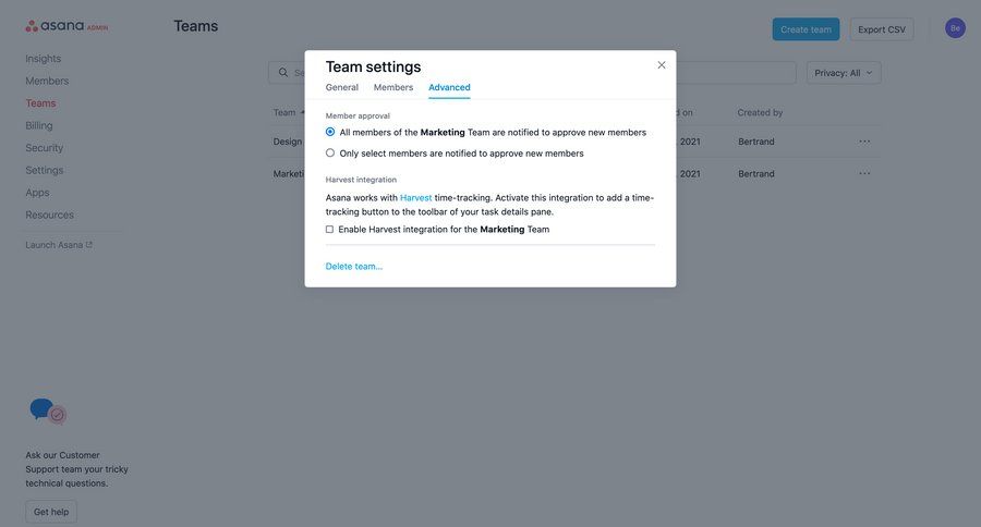 Asana
			 settings project management user management workspace management integration management group members table team management approval workflow ui page example
