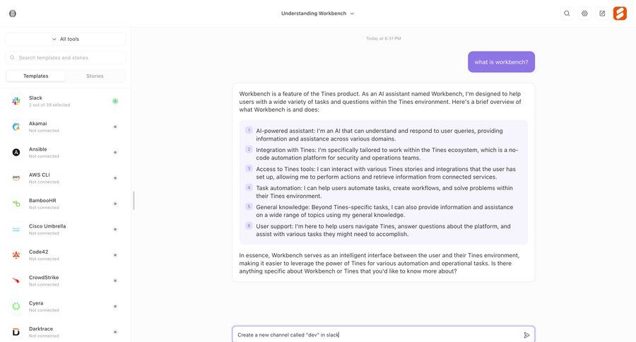 Tines
			 dashboard sidebar navigation artificial intelligence automation conversational ui conversational interface task communication sidebar security communication chat integration chat interface modern conversational ui page example