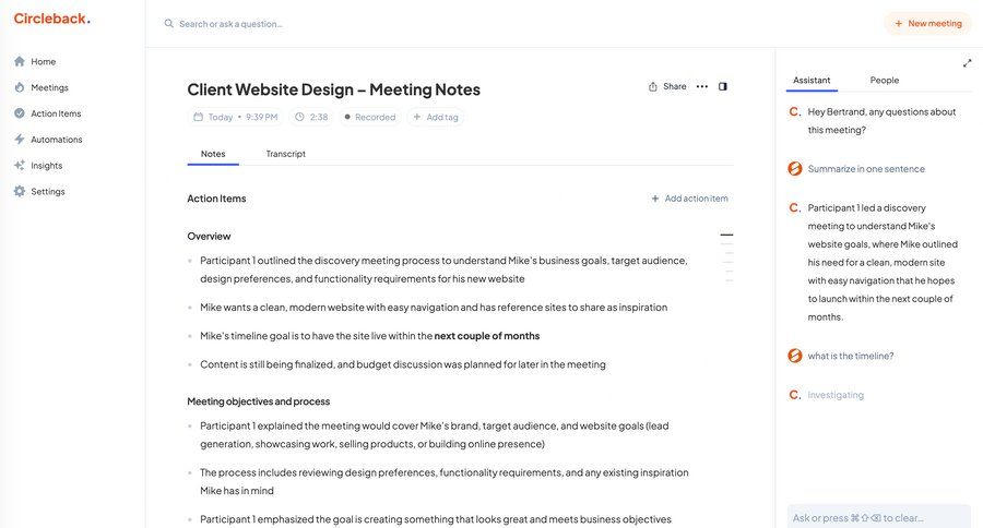 Circleback
			 collaboration sidebar navigation conversational ui menu transcript ui page example
