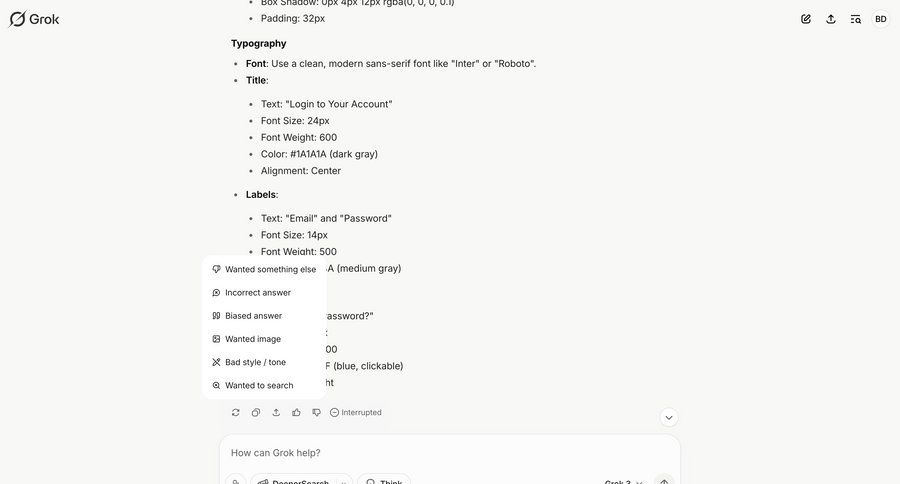 Grok
			 configuration settings artificial intelligence feedback collection typography call intelligence parameters menu chat interface dark ui chatbot ui page example