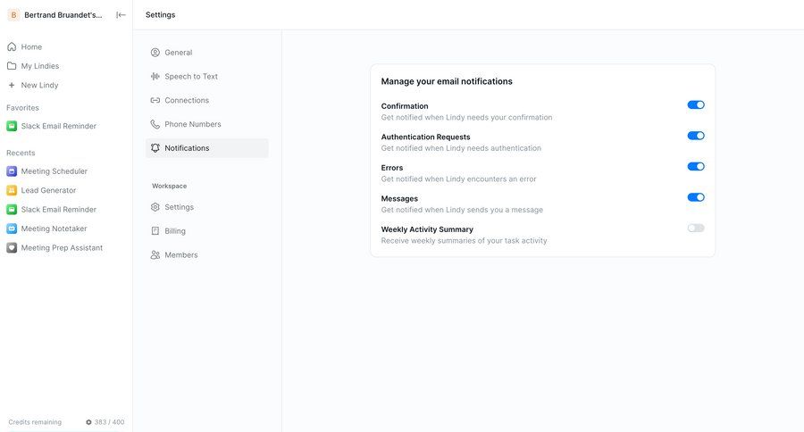 Lindy
			settings account settings workspace settings notification settings configuration settings sidebar navigation notification management email sidebar preferences notification settings ui page example