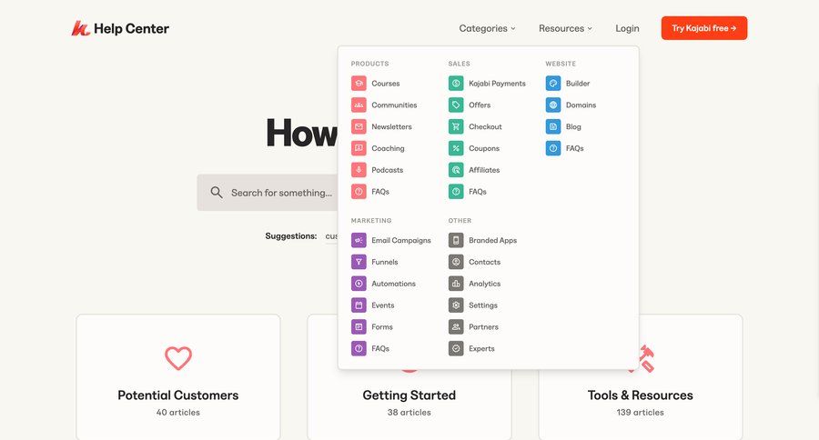 Kajabi
			 search suggestions contextual help suggestion ui page example