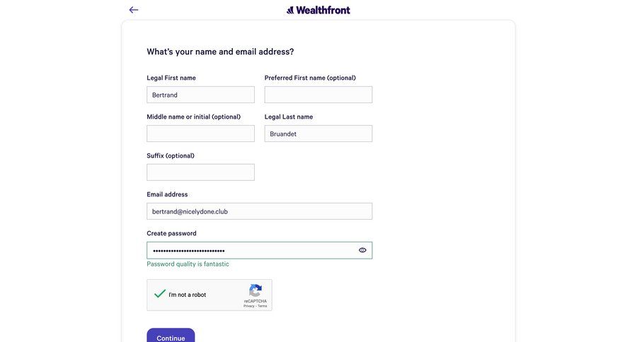 Wealthfront
				signup page example