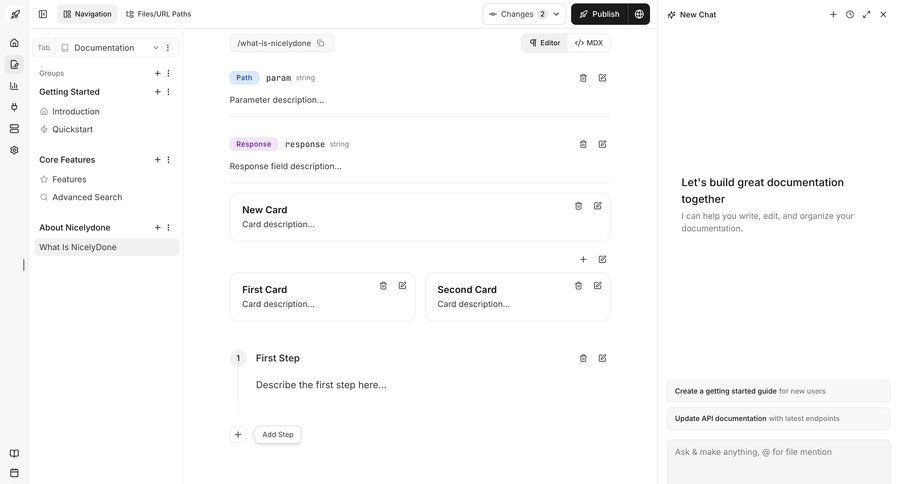 Documentation.AI
			 content management form delete three-column grid ai assistance content management system hierarchical navigation dropdown filters sidebar chat navigation bar documentation contextual help version control ui page example