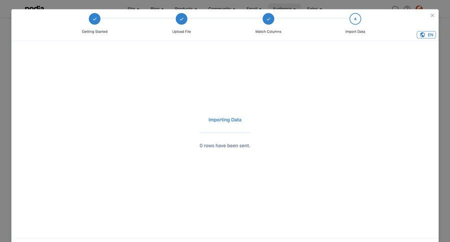 Podia
			 data management e-commerce onboarding progress indicator import data audience management getting started bulk upload wizard data import import file import tool import wizard upload file progress progress bar importing data file picker ui page example