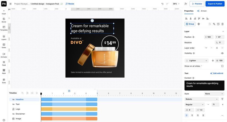 Creatopy
			 grid editor design style customization typography ui page example