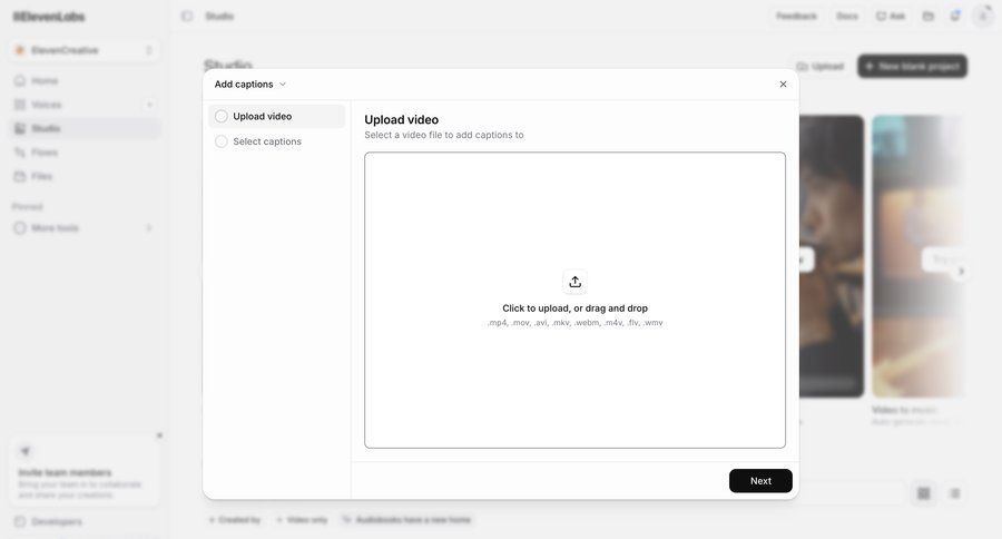 Elevenlabs
			 file upload modal ui page example