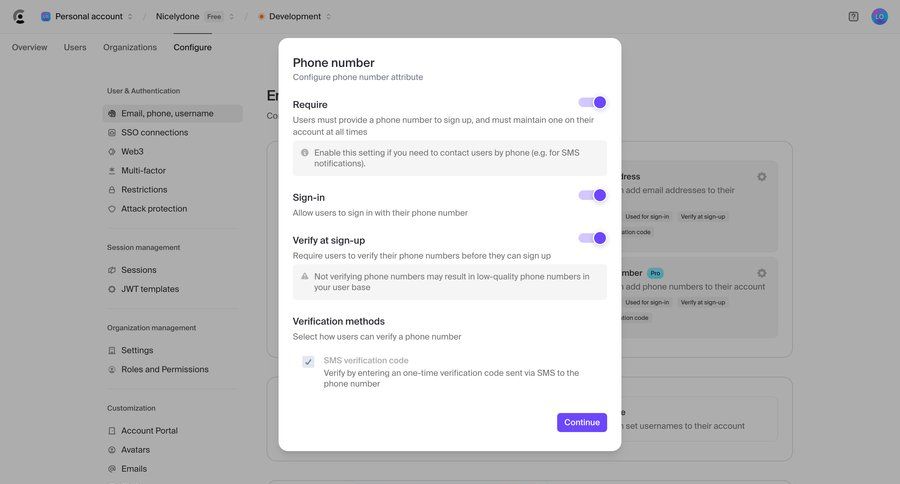 Clerk
			settings modal & popover multi-factor authentication (mfa) modal screen configuration settings user management form user settings user authentication account security authentication email verification free account user permissions security mfa ui page example