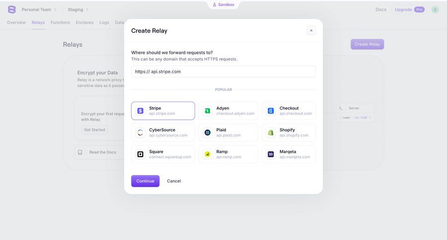 Evervault
			 configuration e-commerce form full screen modal create generate version control ui page example
