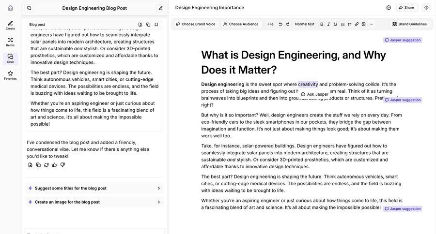 Jasper
			 collaboration sidebar navigation editor content sharing sidebar chat menu blog post chat interface review suggestion ui page example