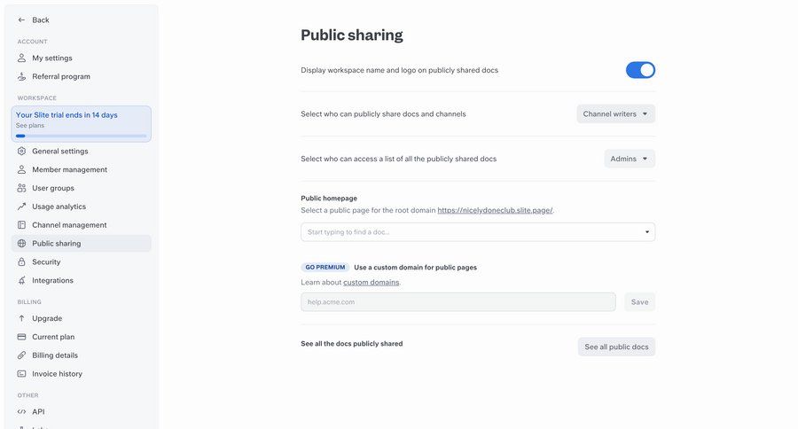Slite
			 collaboration configuration settings sidebar navigation form workspace settings permissions ui page example