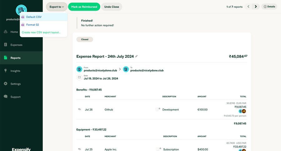 Expensify
			 sidebar navigation data export finance exporting data report details expense management financial reporting sidebar menu table ui page example