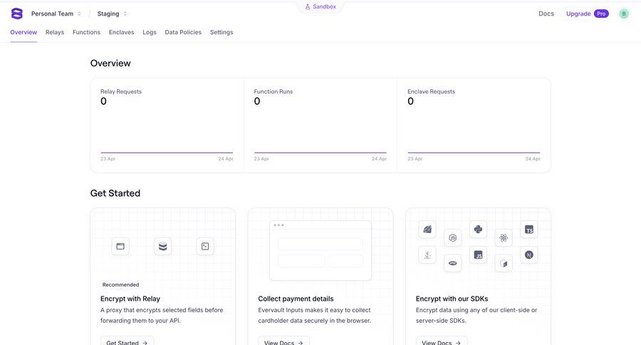 Evervault
			 dashboard grid onboarding finance dashboard overview getting started security personal space documentation version control payment processing card layout ui page example