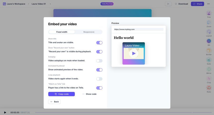 Tella
			 settings form content sharing preview panel modern sharing code snippet ui page example