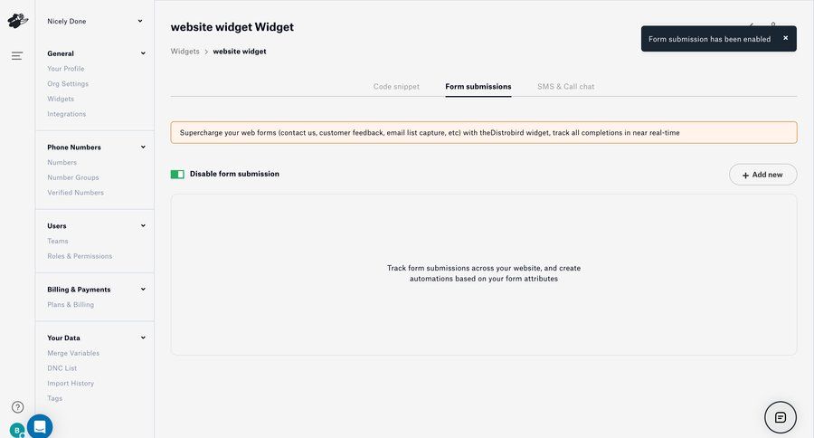 Distrobird
			 configuration settings billing history sidebar alert blank state void blank non-ideal state empty page prompt setup prompt completion widgets ui page example