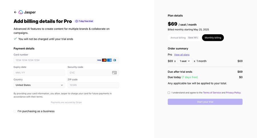 Jasper
			 form free trial checkout screen payment processing ui page example