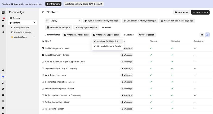 Intercom
			 content management sidebar navigation knowledge base dropdown filters drag & drop deploy sidebar menu filter options table advanced search ui page example