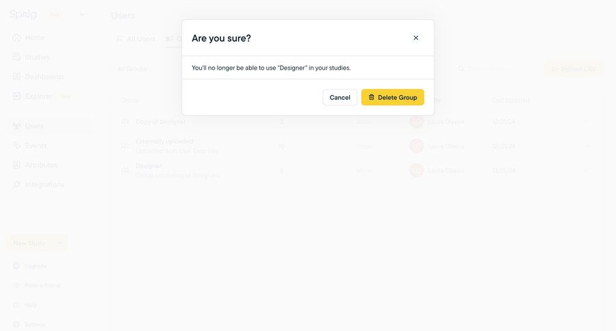 Sprig
			 data management sidebar navigation user management delete modal confirmation cancel deletion file upload modal upgrade modal insight table confirmation message ui page example