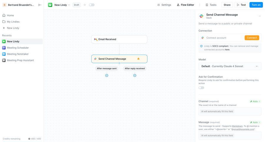 Lindy
			 configuration settings sidebar navigation grid workflow automation workflow management workflow creation automation setup workflow editor sidebar integration ui page example