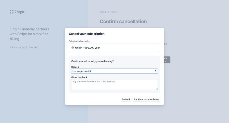 Origin Financial
			 account management ui page example