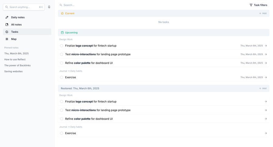 Reflect
			 task management sidebar navigation project management project organization task completion content hierarchy color palette sidebar lists menu search filters filter options filter ui search bar controls ui page example