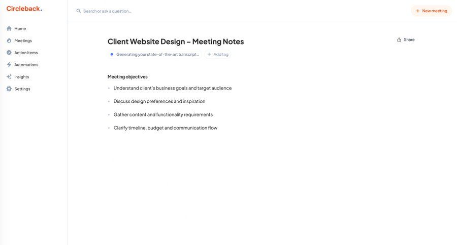 Circleback
			 sharing sidebar menu project management collaboration meeting loading tagging ui page example