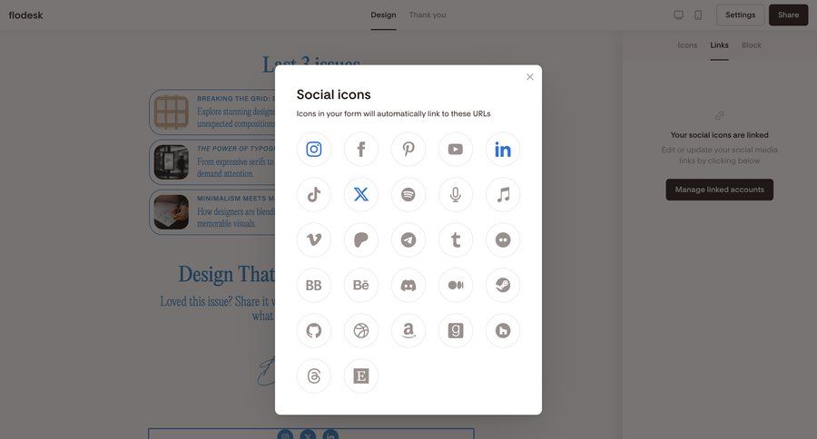 Flodesk
			modal & popover integration settings modal screen settings grid onboarding manage links ui page example