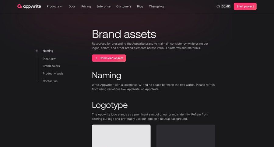 Appwrite
			company brand resources documentation color palette ui page example