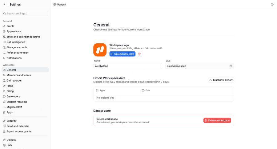 Attio
			 data export workspace settings ui page example