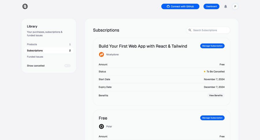 Polar
			 user account user profile price sidebar navigation account management subscription management user connect service premium product packages billing portal ui page example