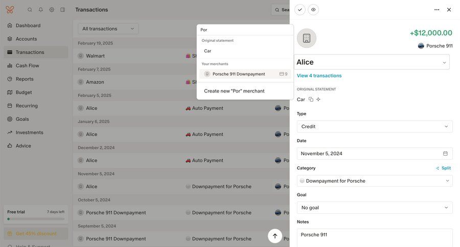 Monarch
			 finance sidebar lists transaction history autocomplete ui page example