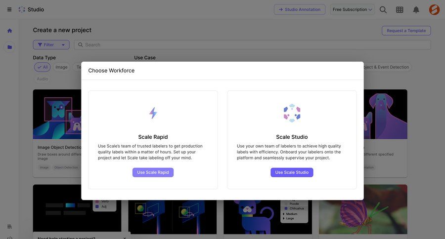 Scale
			 modal screen artificial intelligence onboarding project creation call to action ui page example