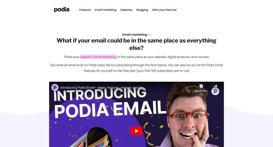 Podia
			 virtual assistant free trial free plan testimonials rich text suggestion ui page example