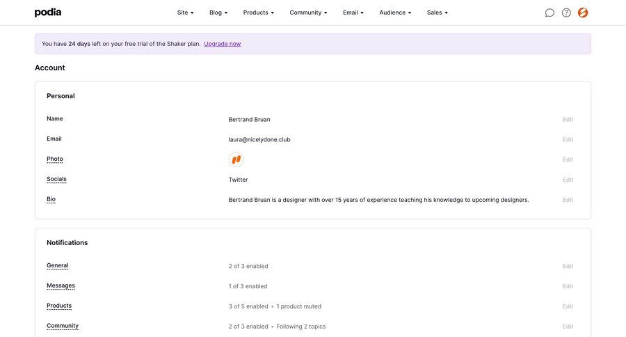 Podia
			 account settings profile management trial banner free trial edit mode inline edit ui page example