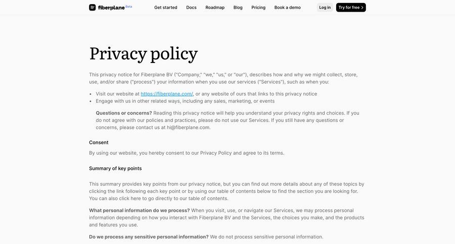 Fiberplane
				privacy policy page example