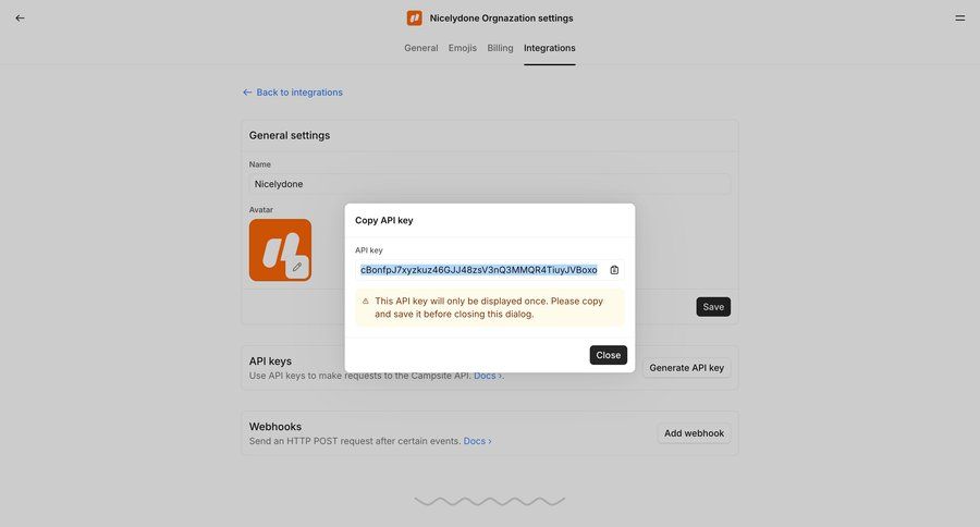 Campsite
			 configuration settings form integration setup api management security alert integration ui page example