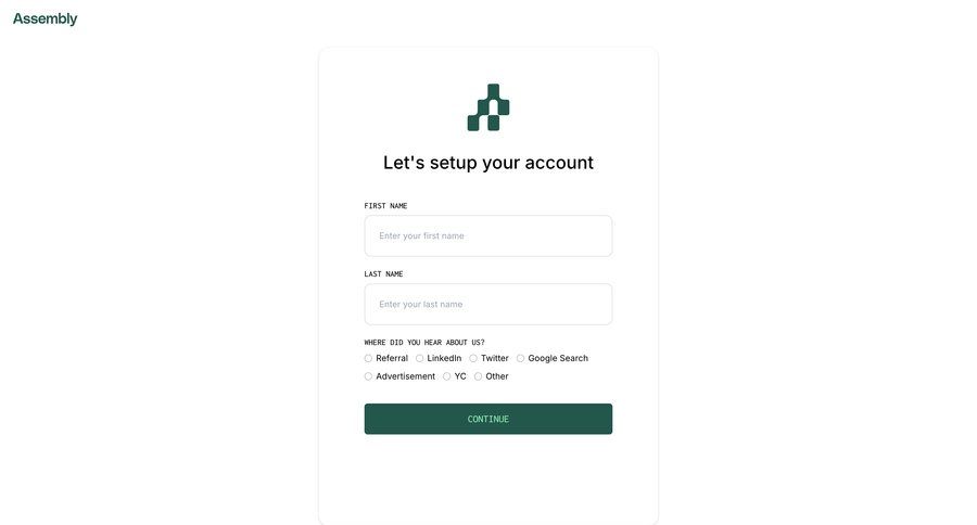 Assembly
			 account management onboarding form account setup account creation setup on boarding ui page example