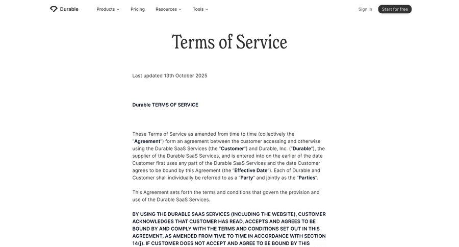 Durable
				terms & conditions ui page example