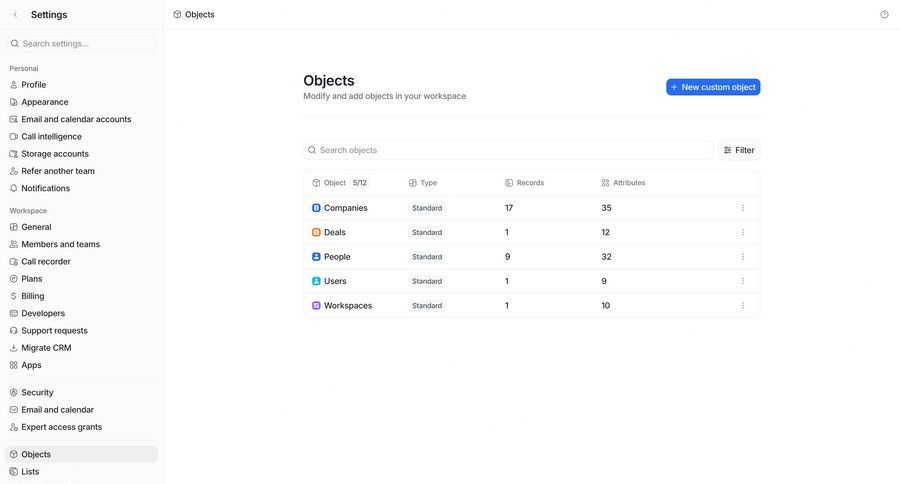 Attio
			 settings sidebar navigation grid table ui page example