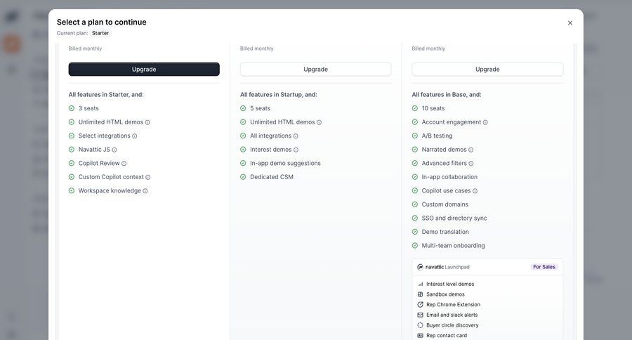 Navattic
			 paywall saas pricing upgrade modal ui page example