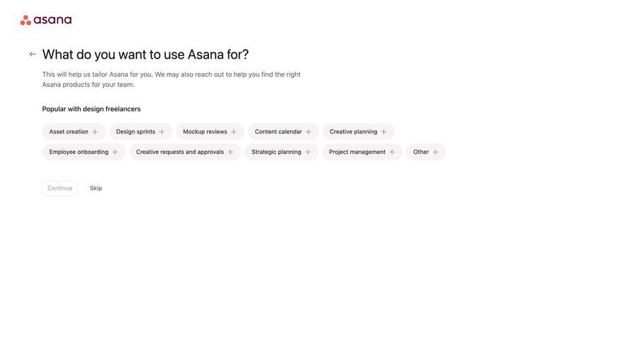 Asana
				onboarding page example