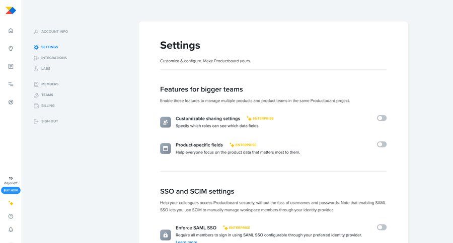 Productboard
			 sidebar settings form security sidebar navigation workspace management account management configuration saml sso content blocks save changes hierarchical content enterprise settings ui page example