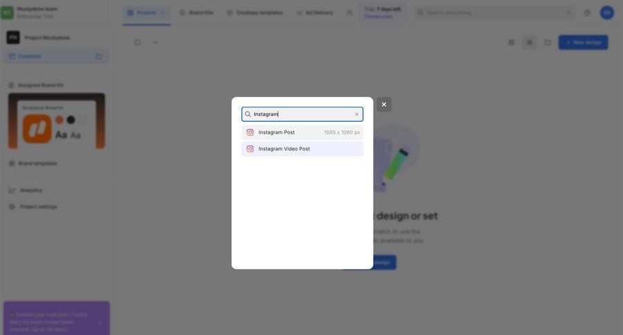 Creatopy
			 design template selection autocomplete ui page example